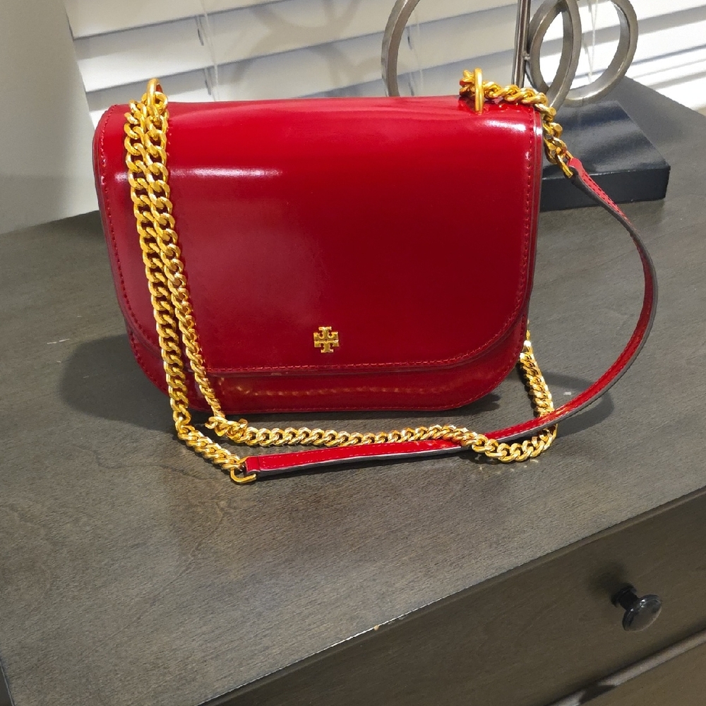 Tory Burch Glossy Red Crossbody Bag with Gold Chain